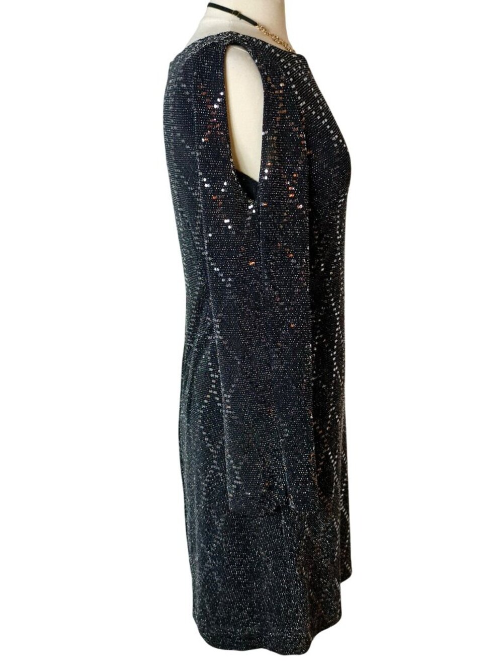 Jessica Howard Cold Shoulder Mini Dress 10 Black Silver Sequin Cocktail Party - Picture 7 of 9